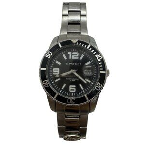 Epoch Quartz Men's Round Watch Silver Tone Bracelet WR 5ATM Black Face Date 40mm